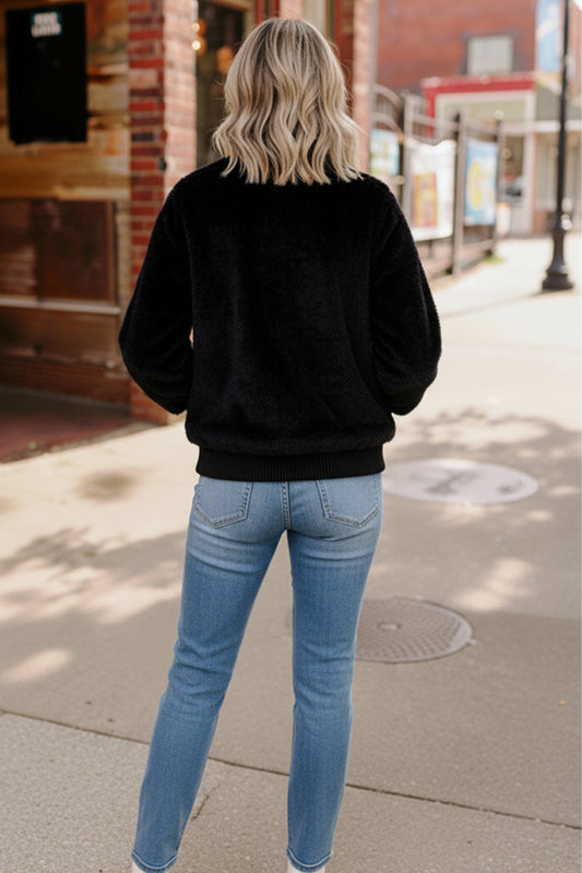 Black Cat Zip Up Faux Fur Coat