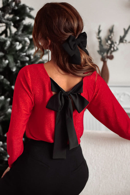 Bowknot V-Neck Long Sleeve Blouse