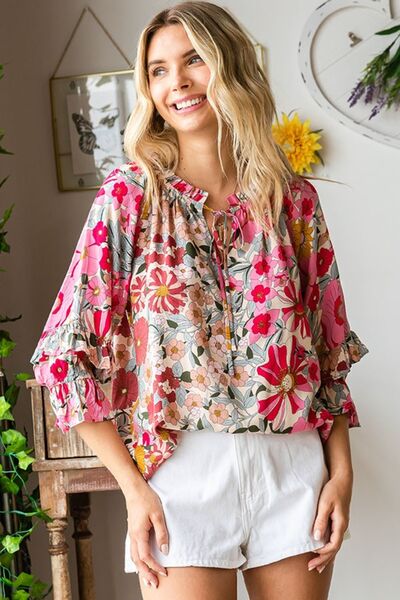 Ezra Printed Tie Neck Flounce Sleeve Blouse