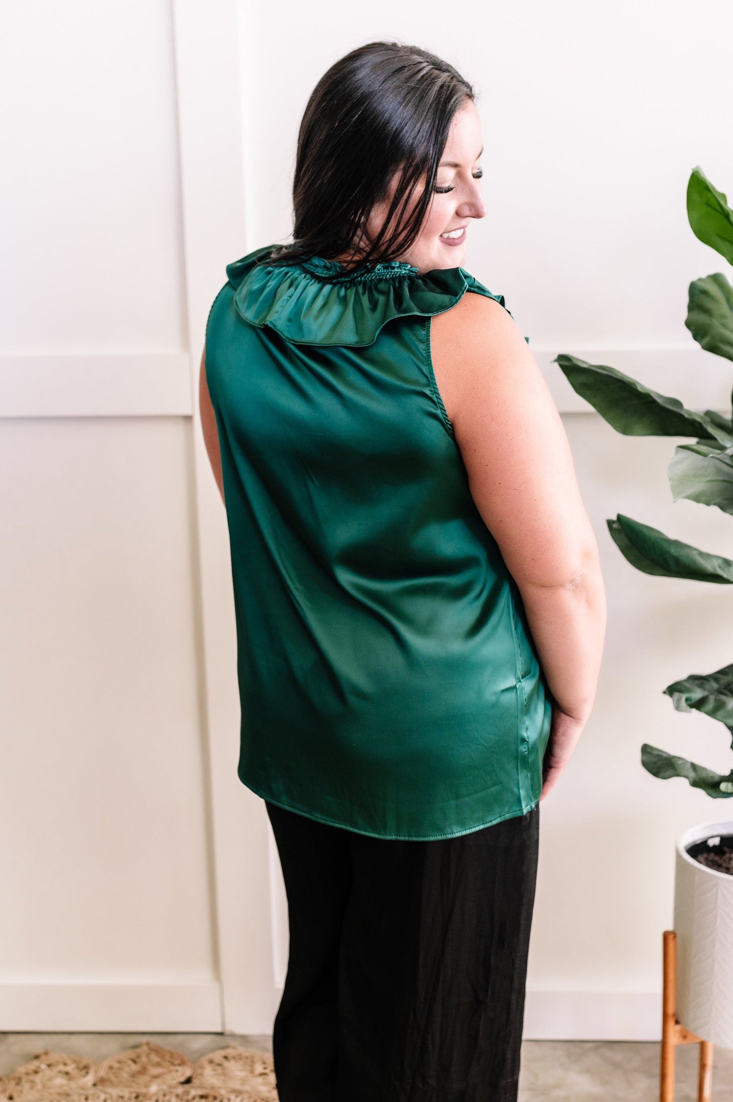 Satin Ruffled V Neck Blouse In Rich Emerald Green