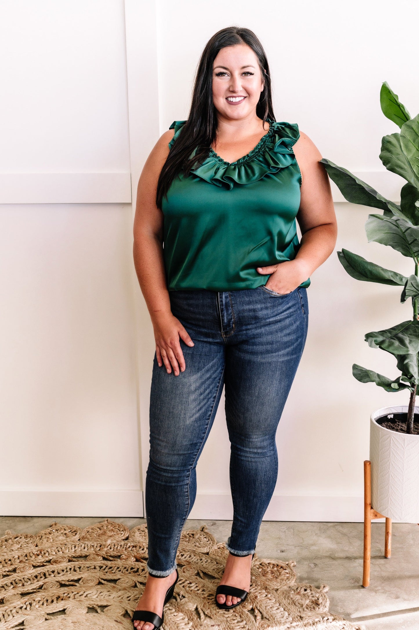 Satin Ruffled V Neck Blouse In Rich Emerald Green