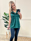 Satin Ruffled V Neck Blouse In Rich Emerald Green