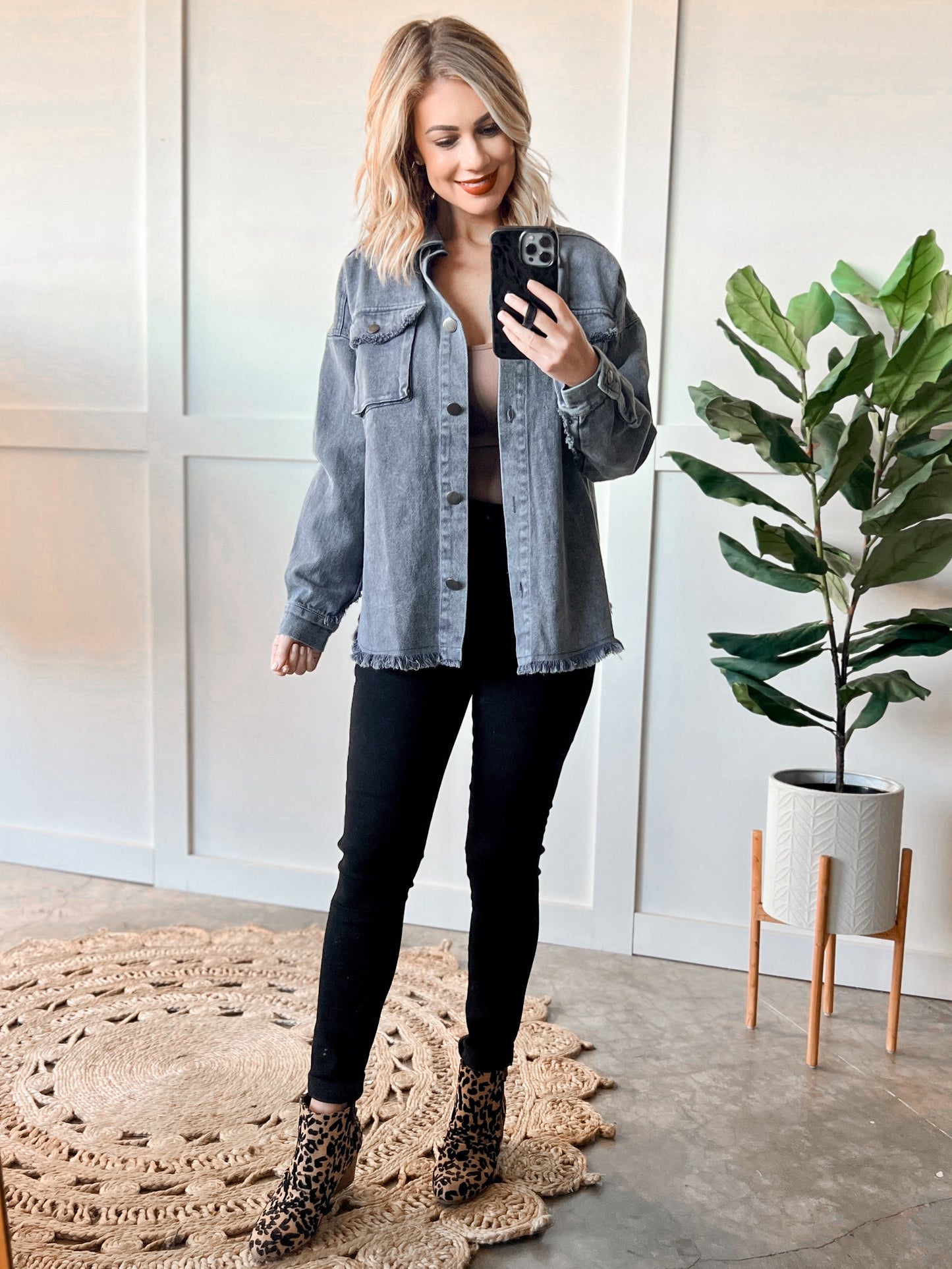 Mineral Wash Button Down Denim Jacket In Muted Navy