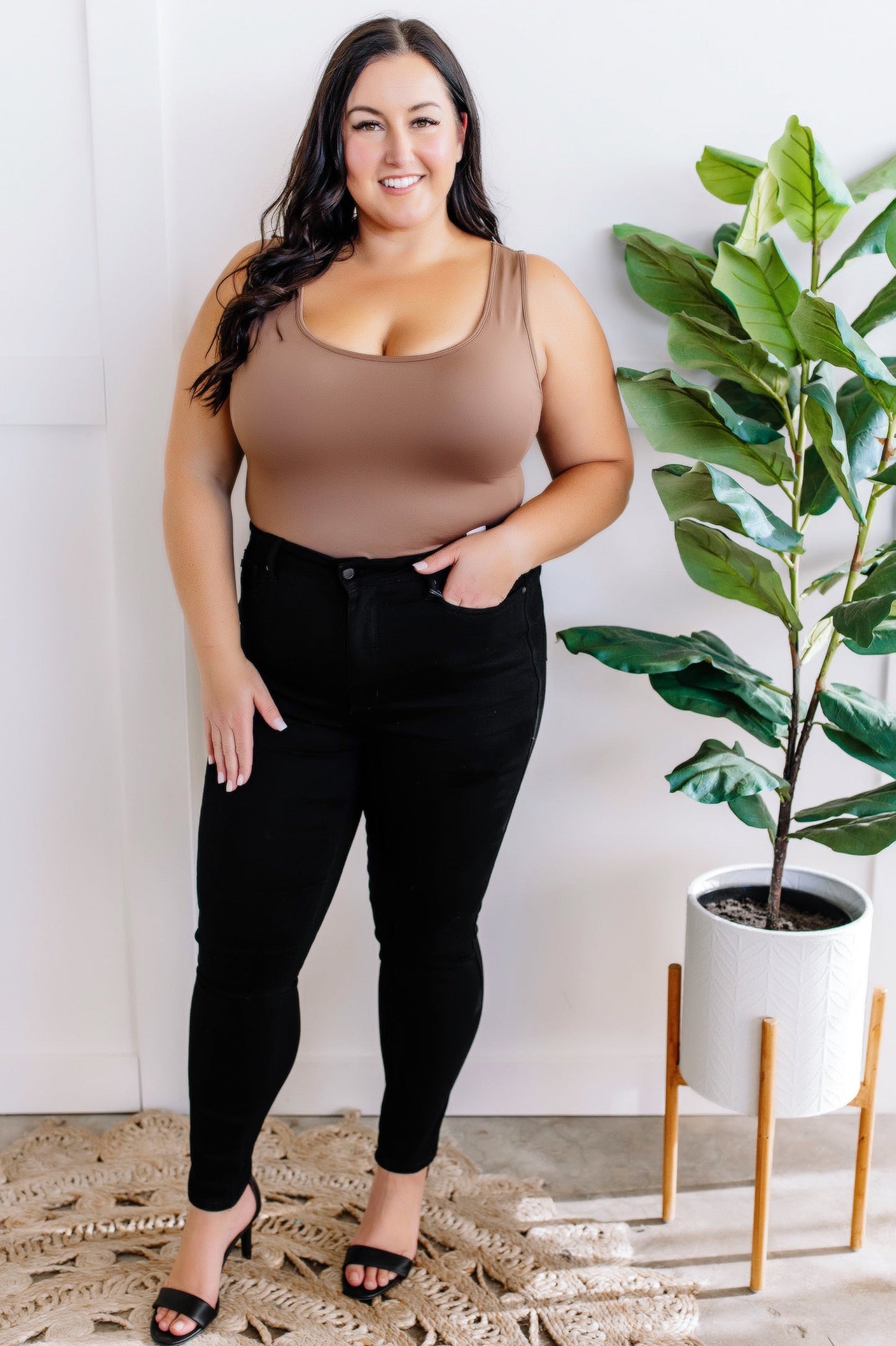 Sleeveless Bodysuit With Built-In Bra In Mocha