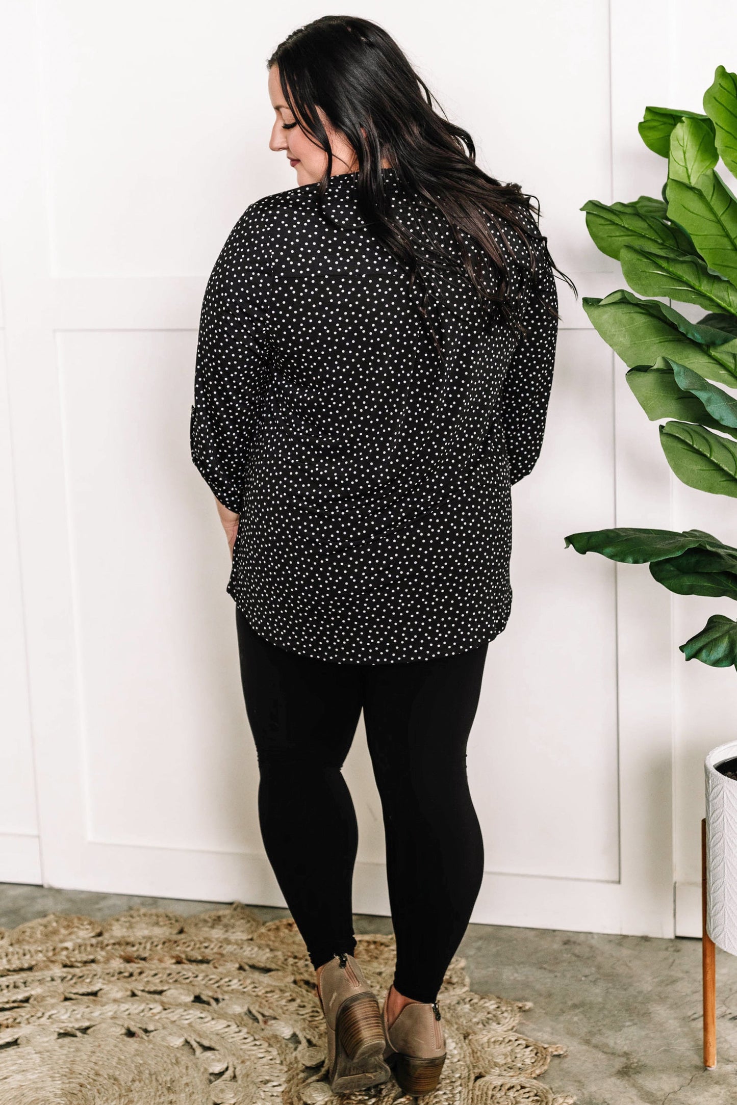 Gabby Front Top With Button Sleeve Detail In Black Polka Dots