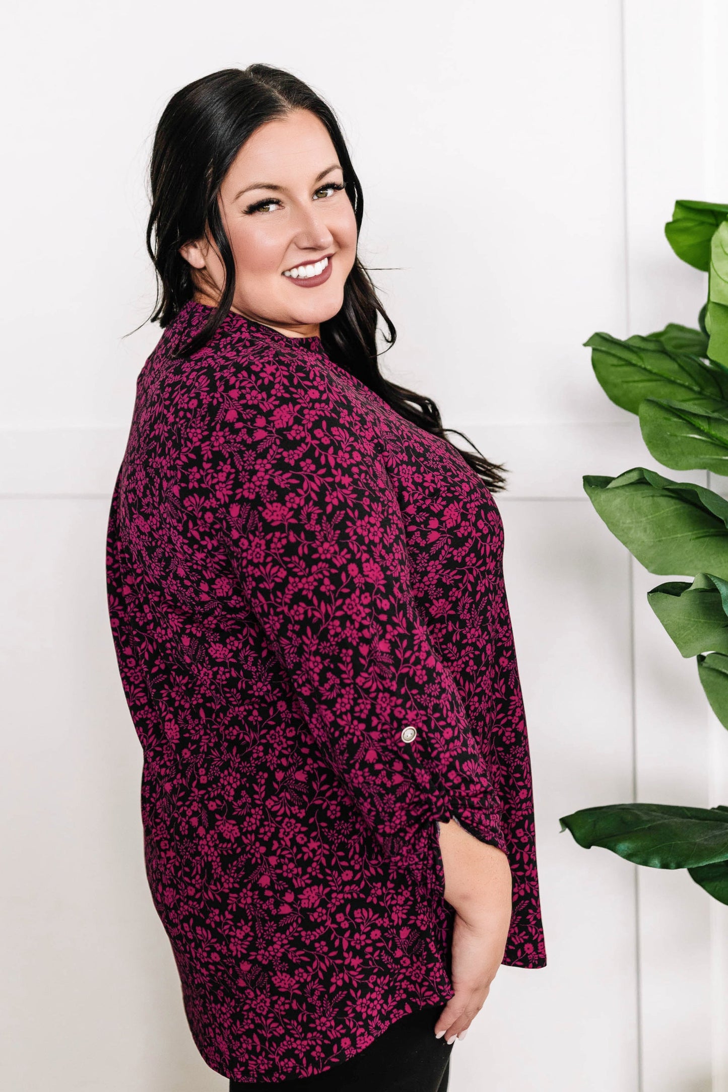 Gabby Front Top With Button Sleeve Detail In Magenta Florals