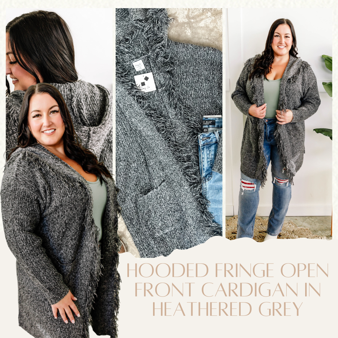 Hooded Fringe Open Front Cardigan In Heathered Grey