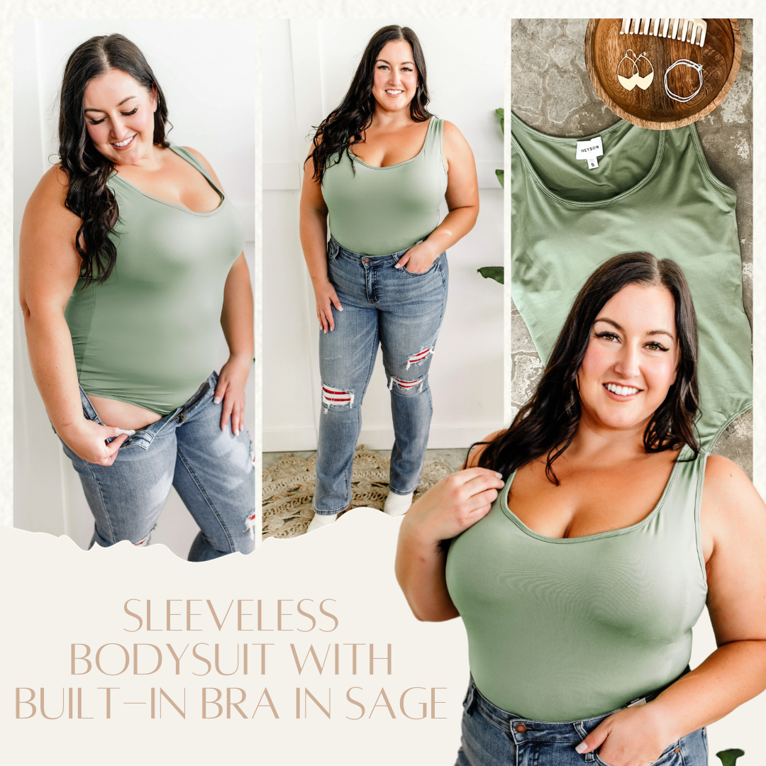 Sleeveless Bodysuit With Built-In Bra In Sage