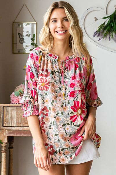 Ezra Printed Tie Neck Flounce Sleeve Blouse