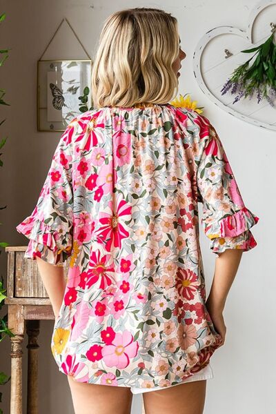 Ezra Printed Tie Neck Flounce Sleeve Blouse